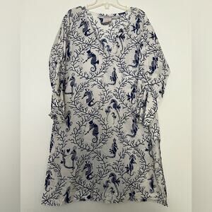 Gretchen Scott White Blue Seahorse Pattern 3/4 Sleeve Swimsuit Coverup
